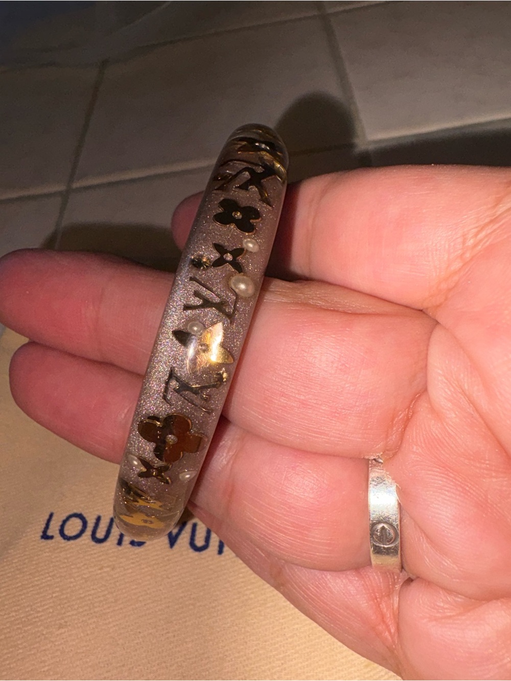 Louis Vuitton gold Glitter Resin Bangle with Gold Monogram Accents